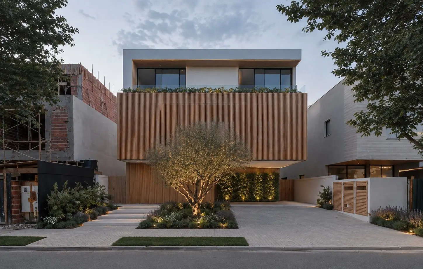 Fachada com o projeto de paisagismo NATUR ao entardecer